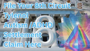 File Your 8th Circuit Tylenol Autism/ADHD Settlement Claim Here text on depiction of Eighth Circuit court with prism light spectrum and high value cash backdrop.