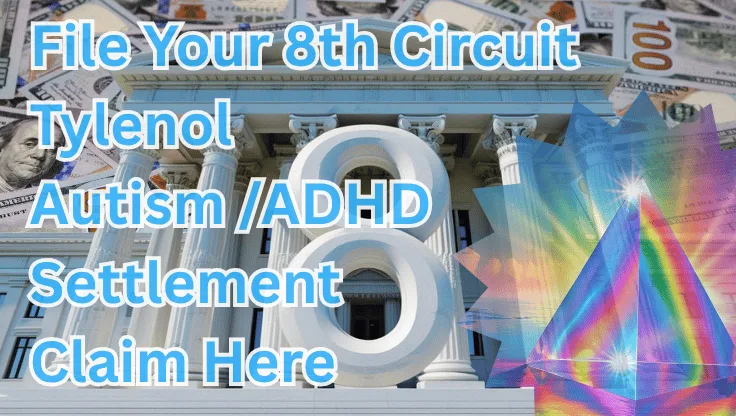 File Your 8th Circuit Tylenol Autism/ADHD Settlement Claim Here text on depiction of Eighth Circuit court with prism light spectrum and high value cash backdrop.
