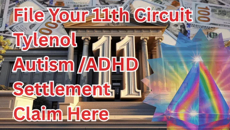 File Your 11th Circuit Tylenol Autism/ADHD Settlement Claim Here text on depiction of Eleventh Circuit court with prism light spectrum and high value cash backdrop.