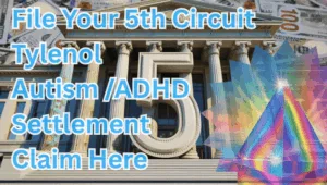 File Your 5th Circuit Tylenol Autism/ADHD Settlement Claim Here text on depiction of Fifth Circuit court with prism light spectrum and high value cash backdrop.