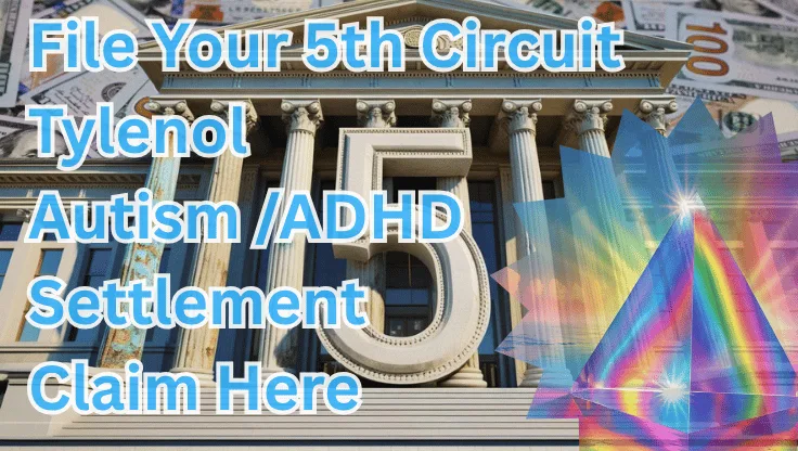 File Your 5th Circuit Tylenol Autism/ADHD Settlement Claim Here text on depiction of Fifth Circuit court with prism light spectrum and high value cash backdrop.