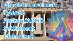 File Your 1st Circuit Tylenol Autism/ADHD Settlement Claim Here text on depiction of First Circuit court with prism light spectrum and high value cash backdrop.
