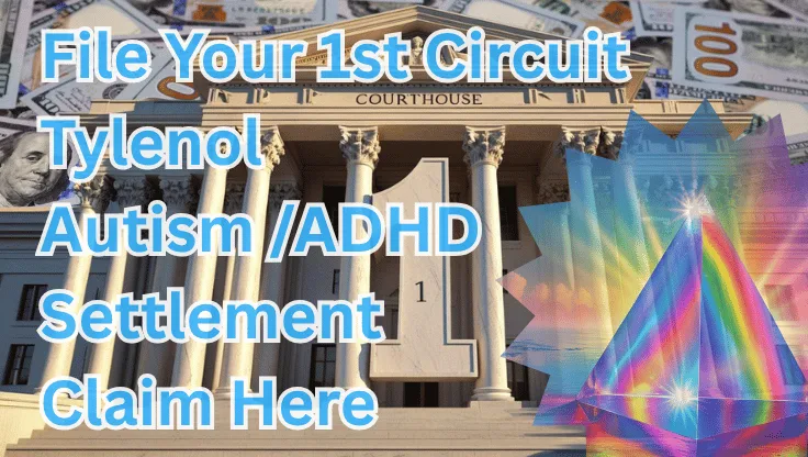 File Your 1st Circuit Tylenol Autism/ADHD Settlement Claim Here text on depiction of First Circuit court with prism light spectrum and high value cash backdrop.