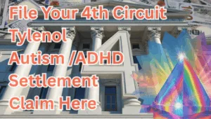 File Your 4th Circuit Tylenol Autism/ADHD Settlement Claim Here text on depiction of Fourth Circuit court with prism light spectrum and high value cash backdrop.