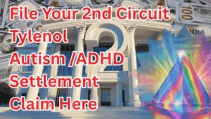 File Your 2nd Circuit Tylenol Autism/ADHD Settlement Claim Here text on depiction of Second Circuit court with prism light spectrum and high value cash backdrop.