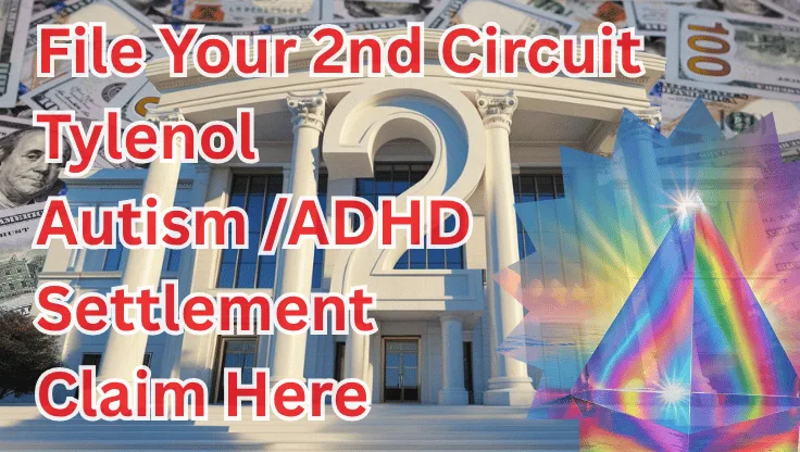 File Your 2nd Circuit Tylenol Autism/ADHD Settlement Claim Here text on depiction of Second Circuit court with prism light spectrum and high value cash backdrop.