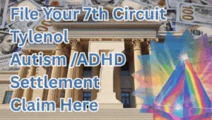 File Your 7th Circuit Tylenol Autism/ADHD Settlement Claim Here text on depiction of Seventh Circuit court with prism light spectrum and high value cash backdrop.