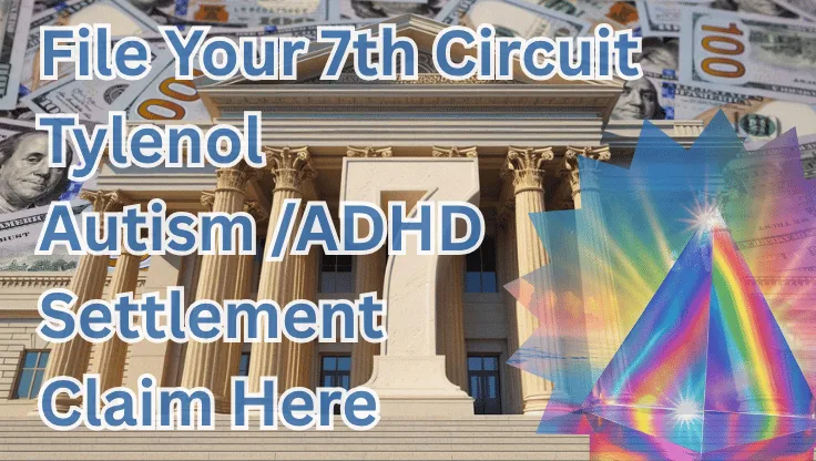 File Your 7th Circuit Tylenol Autism/ADHD Settlement Claim Here text on depiction of Seventh Circuit court with prism light spectrum and high value cash backdrop.