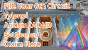 File Your 6th Circuit Tylenol Autism/ADHD Settlement Claim Here text on depiction of Sixth Circuit court with prism light spectrum and high value cash backdrop.
