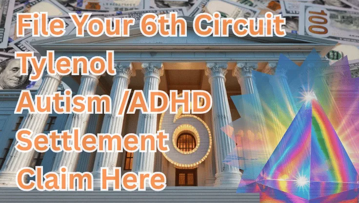 File Your 6th Circuit Tylenol Autism/ADHD Settlement Claim Here text on depiction of Sixth Circuit court with prism light spectrum and high value cash backdrop.