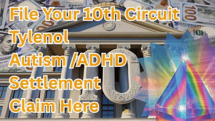 File Your 10th Circuit Tylenol Autism/ADHD Settlement Claim Here text on depiction of Tenth Circuit court with prism light spectrum and high value cash backdrop.