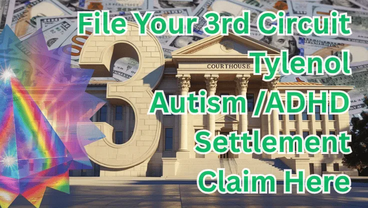 File Your 3rd Circuit Tylenol Autism/ADHD Settlement Claim Here text on depiction of Third Circuit court with prism light spectrum and high value cash backdrop.
