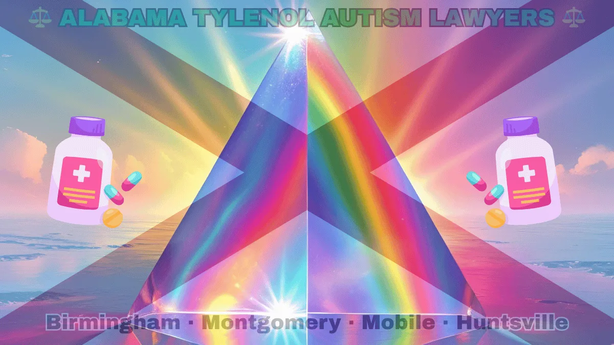 ALABAMA TYLENOL AUTISM LAWYERS: Birmingham, Montgomery, Mobile, and Huntsville text on AL state flag adorned with the multi-color Autism spectrum and painkillers depicted near a red St. Andrew's cross on a white background.