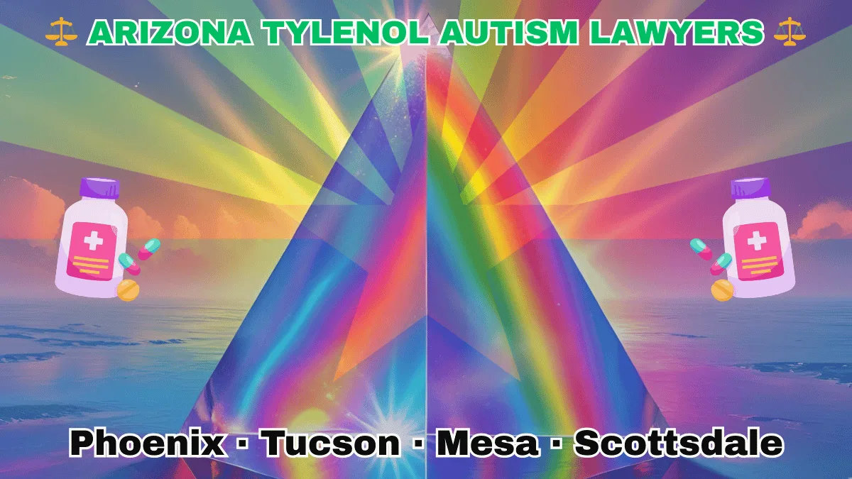 ARIZONA TYLENOL AUTISM LAWYERS: Phoenix, Tucson, Mesa, and Scottsdale text on AZ state flag adorned with the multi-color Autism spectrum and painkillers depicted near red and yellow rays with a copper star above a blue field