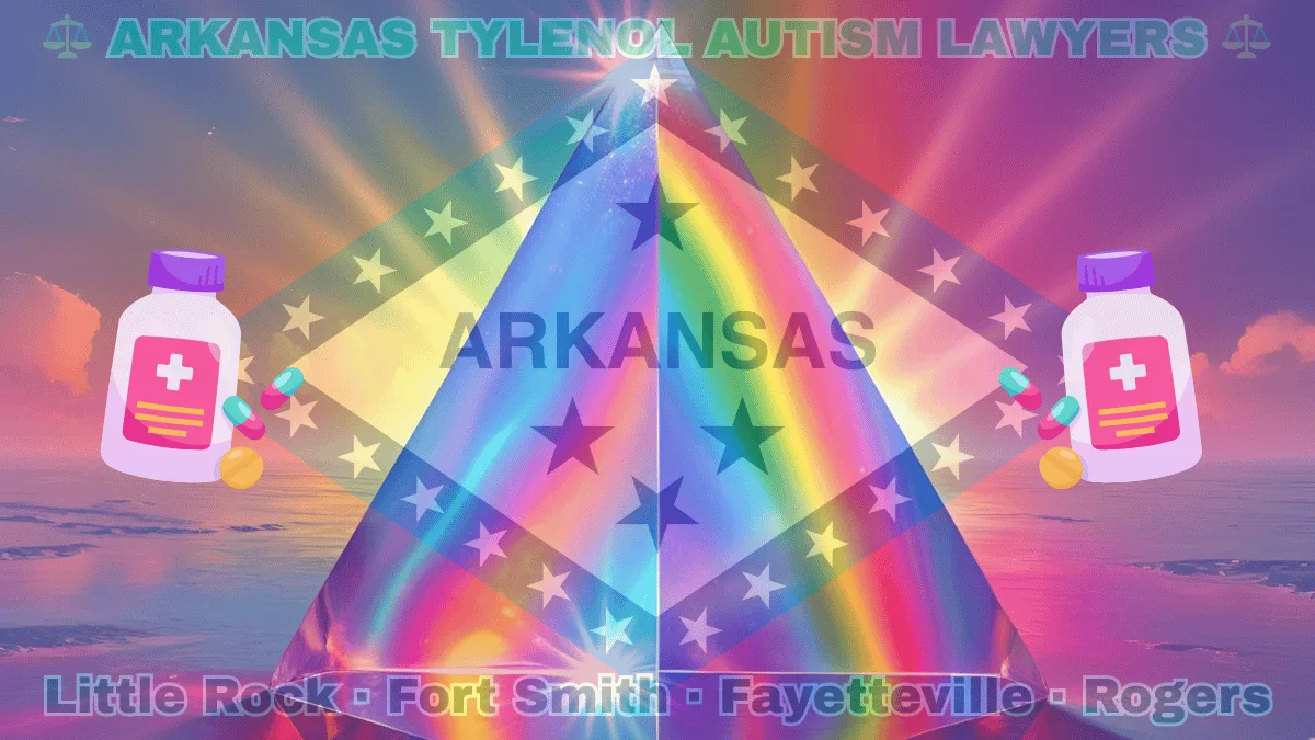 ARKANSAS TYLENOL AUTISM LAWYERS: Little Rock, Fort Smith, Fayetteville, and Rogers text on AR state flag adorned with the multi-color Autism spectrum and painkillers depicted on a diamond-shaped border lined with stars
