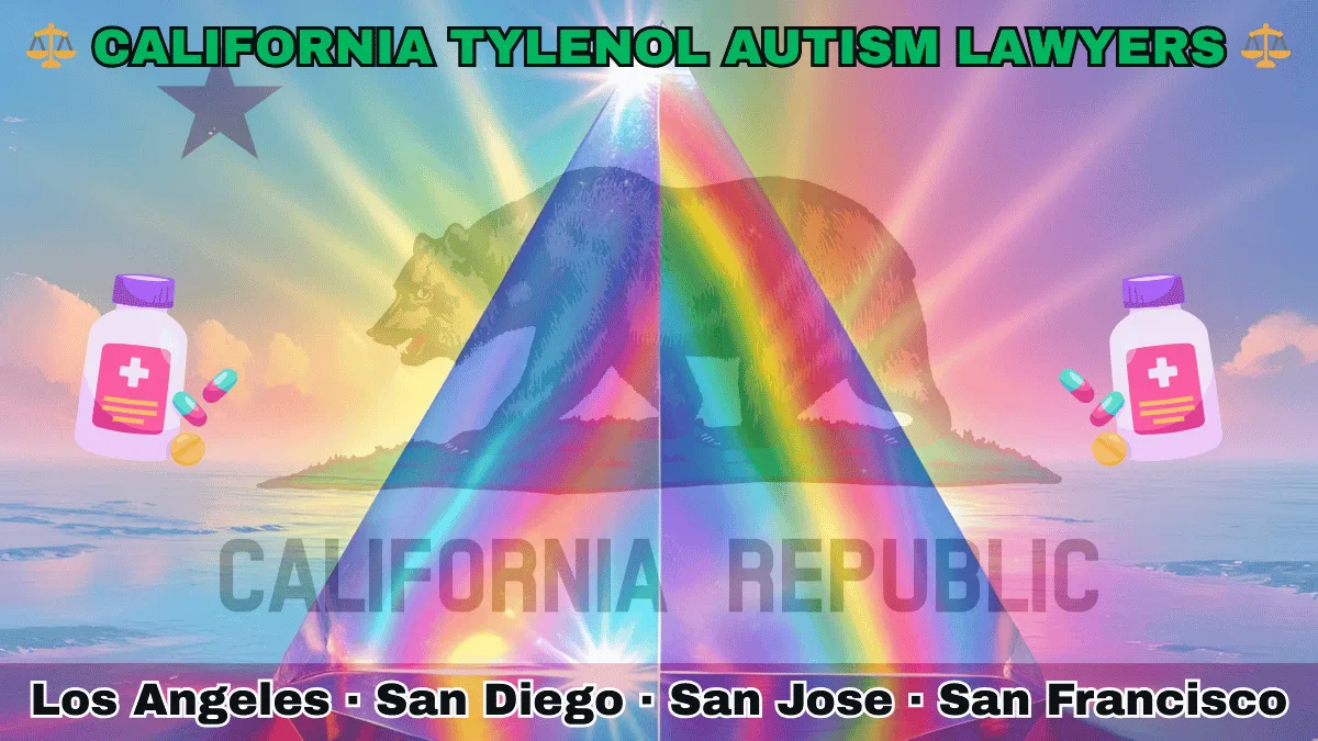 CALIFORNIA TYLENOL AUTISM LAWYERS: Los Angeles, San Diego, San Jose, and San Francisco text on CA state flag adorned with the multi-color Autism spectrum and painkillers depicted near a grizzly bear and red star.