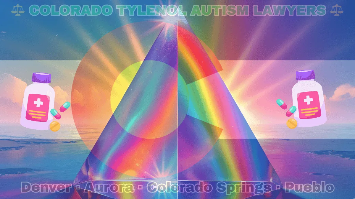 COLORADO TYLENOL AUTISM LAWYERS: Denver, Aurora, Colorado Springs, and Pueblo text on CO state flag adorned with the multi-color Autism spectrum and painkillers depicted near an old red "C" with a golden circle on blue and white stripes