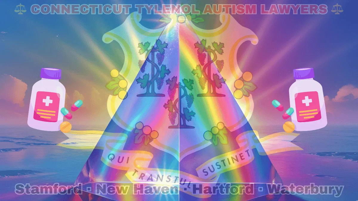 CONNECTICUT TYLENOL AUTISM LAWYERS: Stamford, New Haven, Hartford, and Waterbury text on CT state flag adorned with the multi-color Autism spectrum and painkillers depicted on a blue field near a white shield and three grapevines