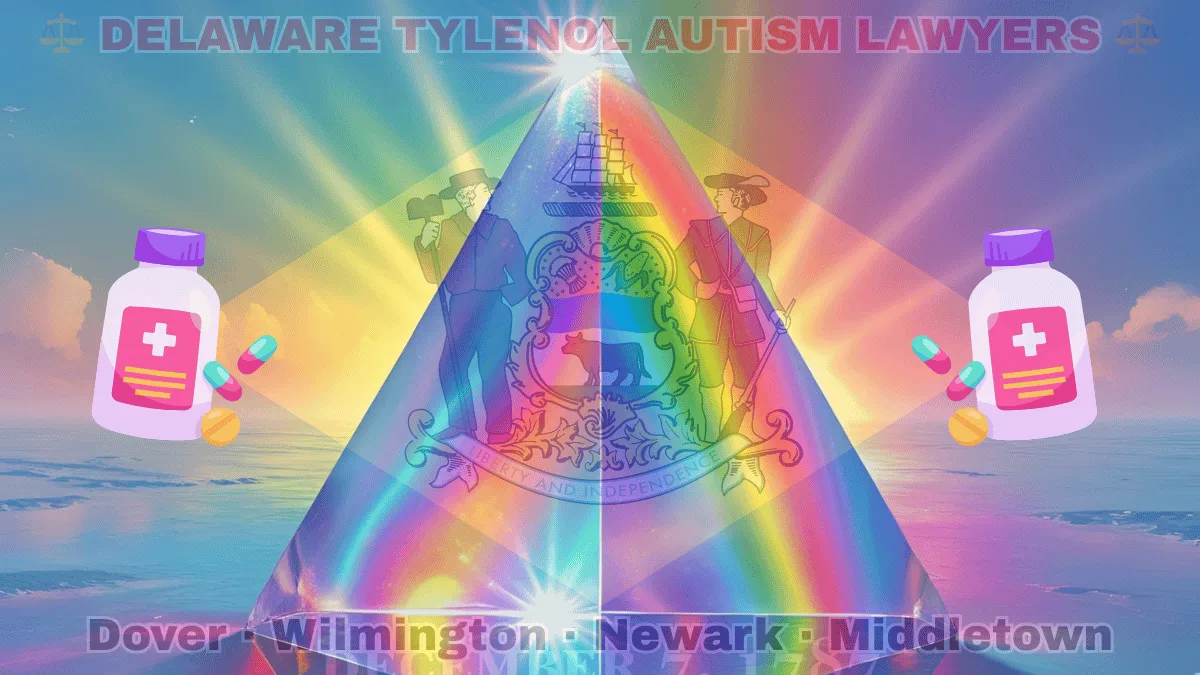 DELAWARE TYLENOL AUTISM LAWYERS: Dover, Wilmington, Newark, and Middletown text on DE state flag adorned with the multi-color Autism spectrum and painkillers depicted near a coat of arms and 1787 date