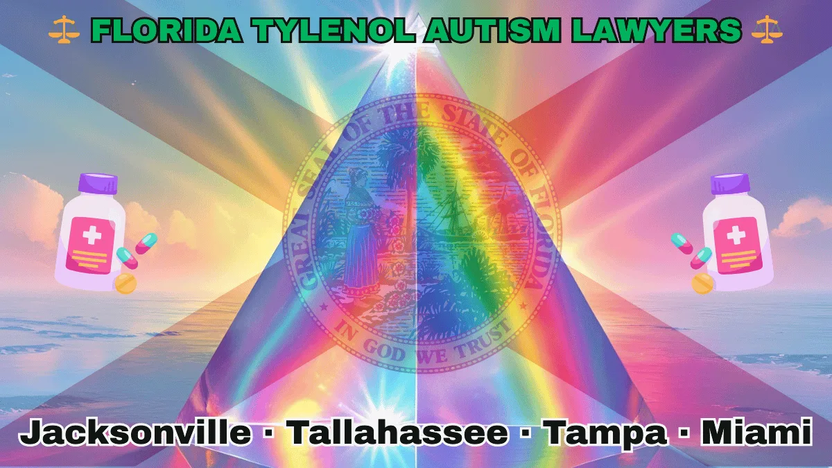 FLORIDA TYLENOL AUTISM LAWYERS: Jacksonville, Tallahassee, Tampa, and Miami text on FL state flag adorned with the multi-color Autism spectrum and painkillers depicted near a red cross and SEAL of a Seminole woman scattering flowers by a shoreline with a boat, palm trees, and sunlight.