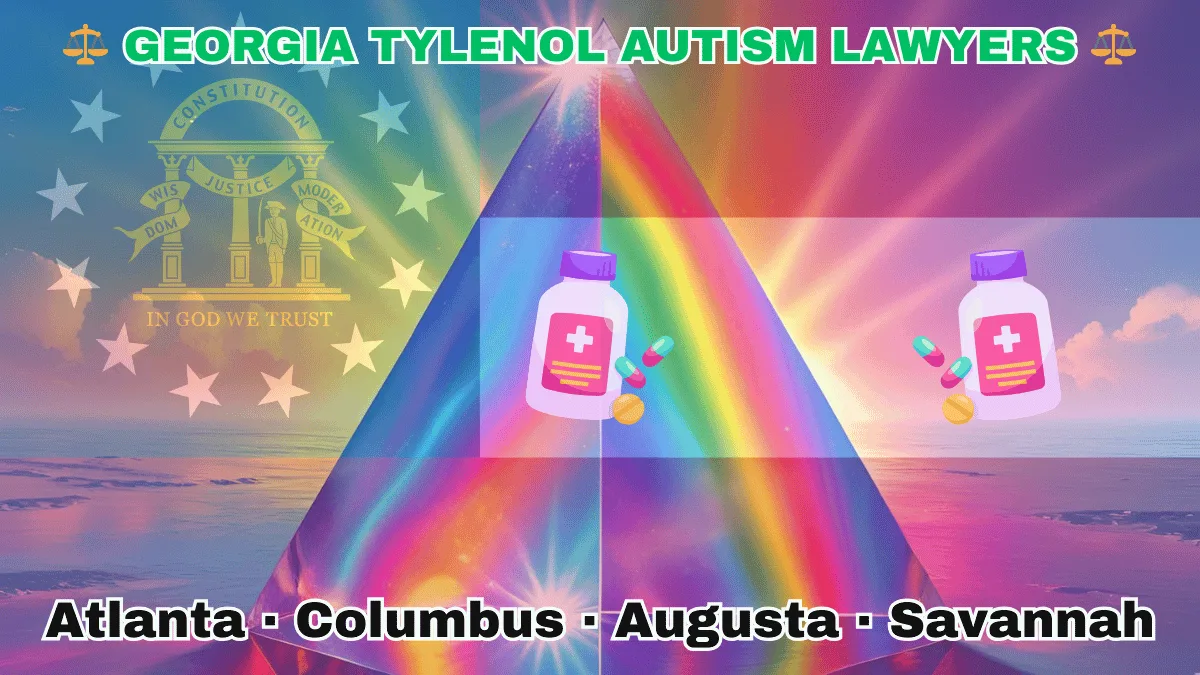 GEORGIA TYLENOL AUTISM LAWYERS: Atlanta, Columbus, Augusta, and Savannah text on GA state flag adorned with the multi-color Autism spectrum and painkillers depicted near a gold arch on blue canton with three pillars and 13 white stars, next to three thick red and white stripes.