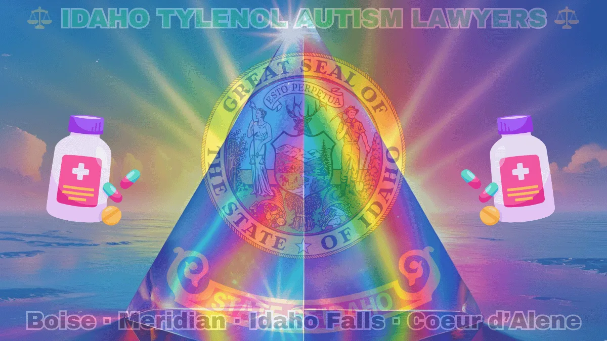 IDAHO TYLENOL AUTISM LAWYERS: Boise, Meridian, Idaho Falls, and Coeur d’Alene text on ID state flag adorned with the multi-color Autism spectrum and painkillers depicted on a blue field near the official seal and banner