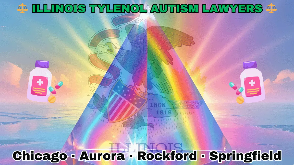 ILLINOIS TYLENOL AUTISM LAWYERS: Chicago, Aurora, Rockford, and Springfield text on IL state flag adorned with the multi-color Autism spectrum and painkillers depicted near a bald eagle perched on a rock and holding a shield, as the sun shines bright.
