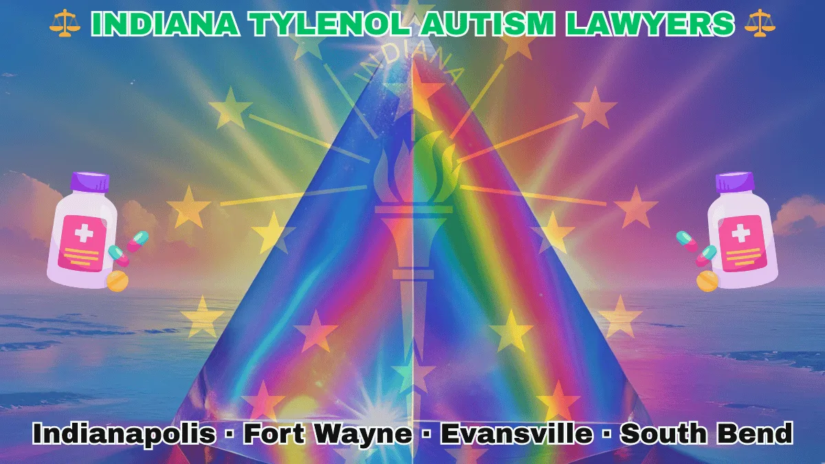 INDIANA TYLENOL AUTISM LAWYERS: Indianapolis, Fort Wayne, Evansville, and South Bend text on IN state flag adorned with the multi-color Autism spectrum and painkillers depicted near a gold torch and stars.