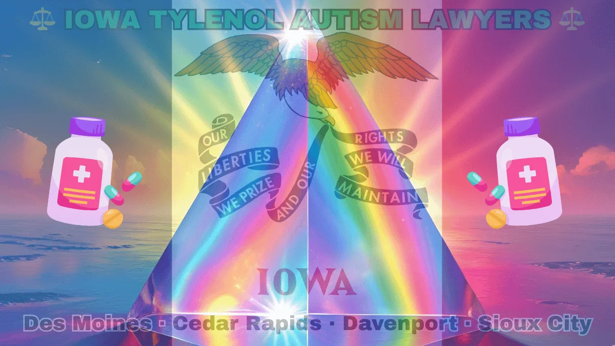 IOWA TYLENOL AUTISM LAWYERS: Boise, Meridian, Idaho Falls, Coeur d'Alene text on IA state flag adorned with the multi-color Autism spectrum and painkillers depicted along blue, white, and red vertical stripes near an eagle and banner
