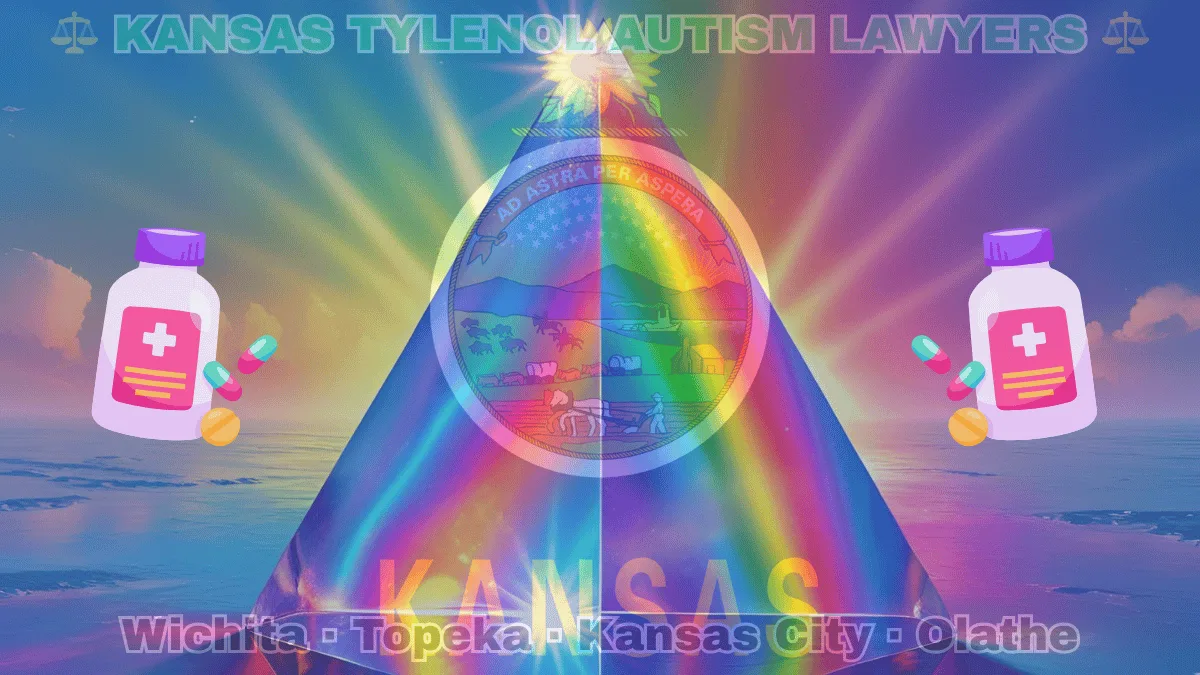 KANSAS TYLENOL AUTISM LAWYERS: Wichita, Kansas City, Olathe, and Topeka text on KS state flag adorned with the multi-color Autism spectrum and painkillers depicted on a blue background near the official seal and a sunflower emblem
