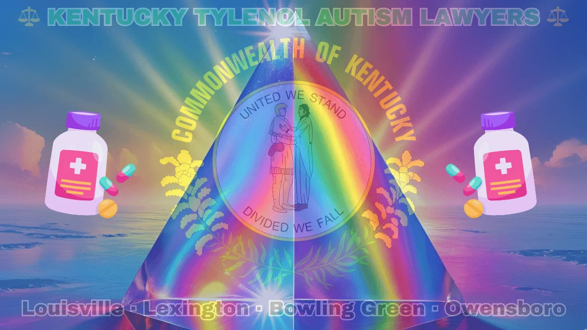 KENTUCKY TYLENOL AUTISM LAWYERS: Louisville, Lexington, Bowling Green, and Owensboro text on KY state flag adorned with the multi-color Autism spectrum and painkillers depicted on a blue field near the official seal and “UNITED WE STAND” motto