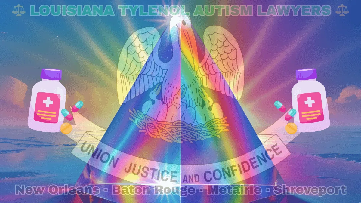 LOUISIANA TYLENOL AUTISM LAWYERS: New Orleans, Baton Rouge, Metairie, and Shreveport text on LA state flag adorned with the multi-color Autism spectrum and painkillers depicted near a pelican feeding chicks with motto “UNION, JUSTICE, CONFIDENCE"