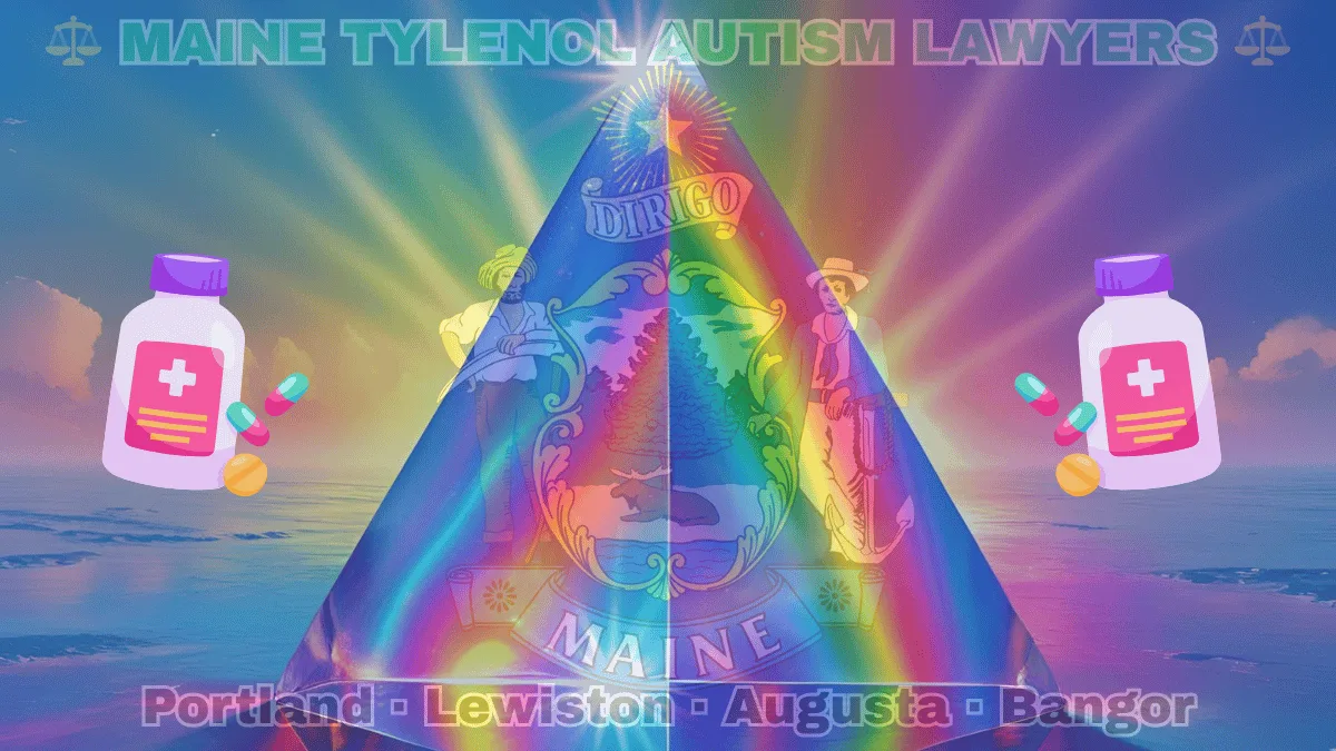 MAINE TYLENOL AUTISM LAWYERS: Portland, Lewiston, Augusta, and Bangor text on ME state flag adorned with the multi-color Autism spectrum and painkillers depicted on a blue field near a shield, pine tree, moose, and “DIRIGO” motto