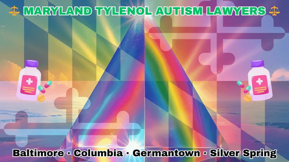 MARYLAND TYLENOL AUTISM LAWYERS: Baltimore, Columbia, Germantown, and Silver Spring text on MD state flag adorned with the multi-color Autism spectrum and painkillers depicted near red and white crosses, and black and gold checkered Calvert arms.