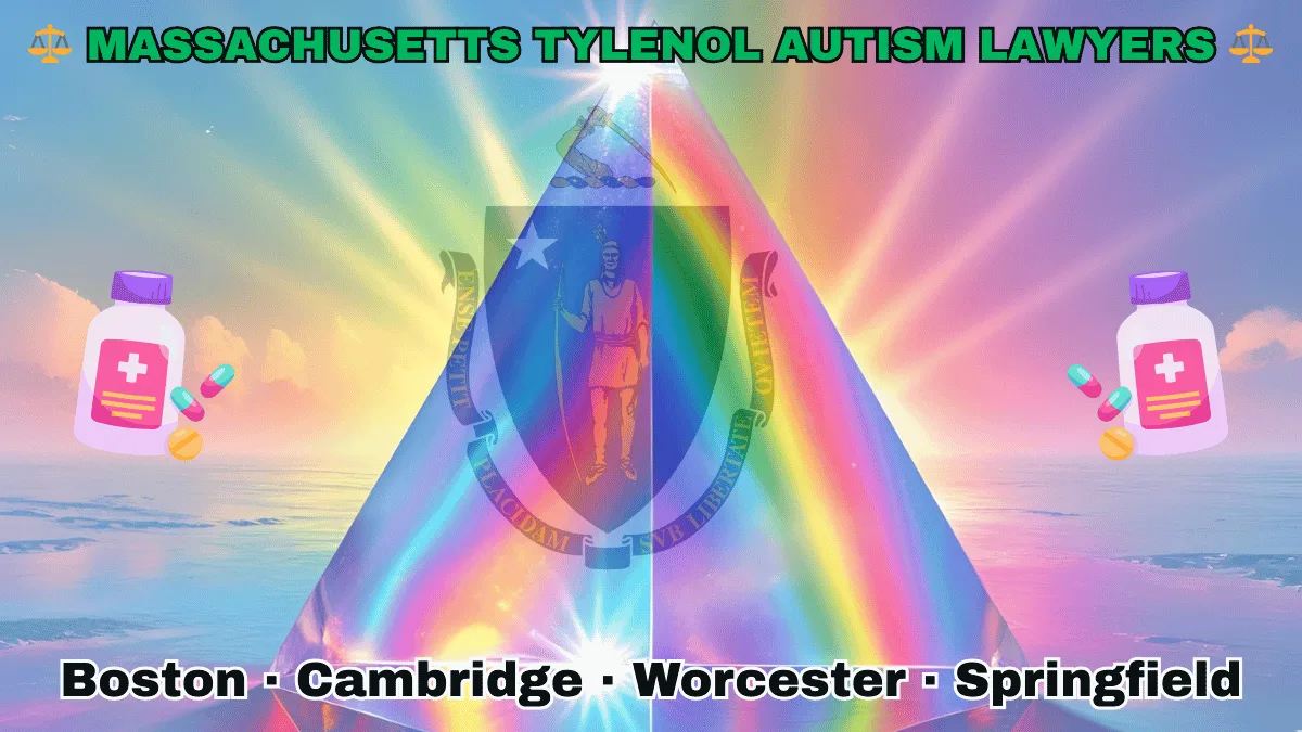 MASSACHUSETTS TYLENOL AUTISM LAWYERS: Boston, Cambridge, Worcester, and Springfield text on MA state flag adorned with the multi-color Autism spectrum and painkillers depicted near a shield featuring a Native American person with bow and arrow under a star and sword.