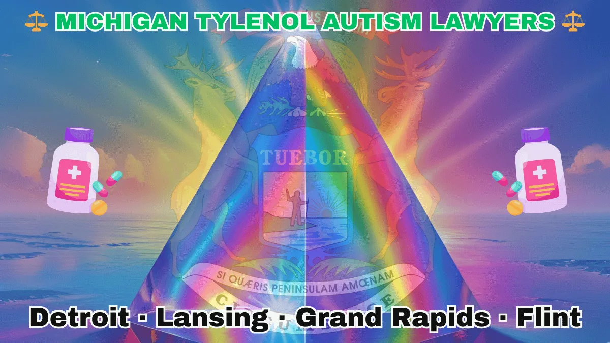 MICHIGAN TYLENOL AUTISM LAWYERS: Detroit, Lansing, Grand Rapids, and Flint text on MI state flag adorned with the multi-color Autism spectrum and painkillers depicted near an elk, moose and bald eagle flanking a shield featuring a man standing on a sunny lake with a raised hand and rifle.