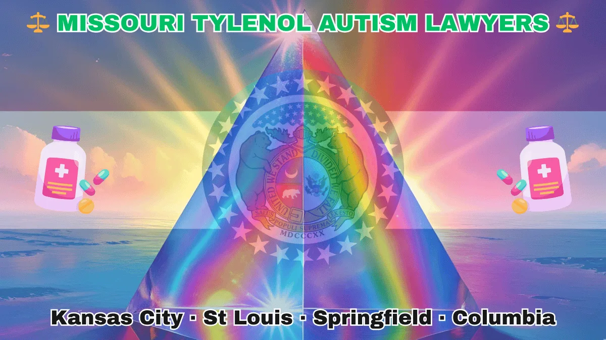 MISSOURI TYLENOL AUTISM LAWYERS: Kansas City, St Louis, Springfield, and Columbia text on MO state flag adorned with the multi-color Autism spectrum and painkillers depicted near a ring of stars featuring two grizzly bears, a shield, and crescent moon, all on a red, white and blue background.