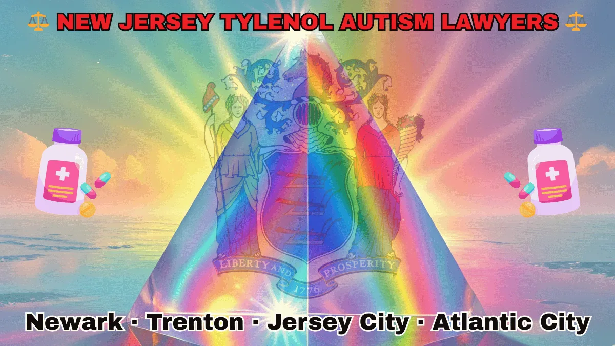 NEW JERSEY TYLENOL AUTISM LAWYERS: Newark, Trenton, Jersey City, and Atlantic City text on NJ state flag adorned with the multi-color Autism spectrum and painkillers depicted near a shield with three plows, the goddesses Liberty and Ceres, and a horse head.