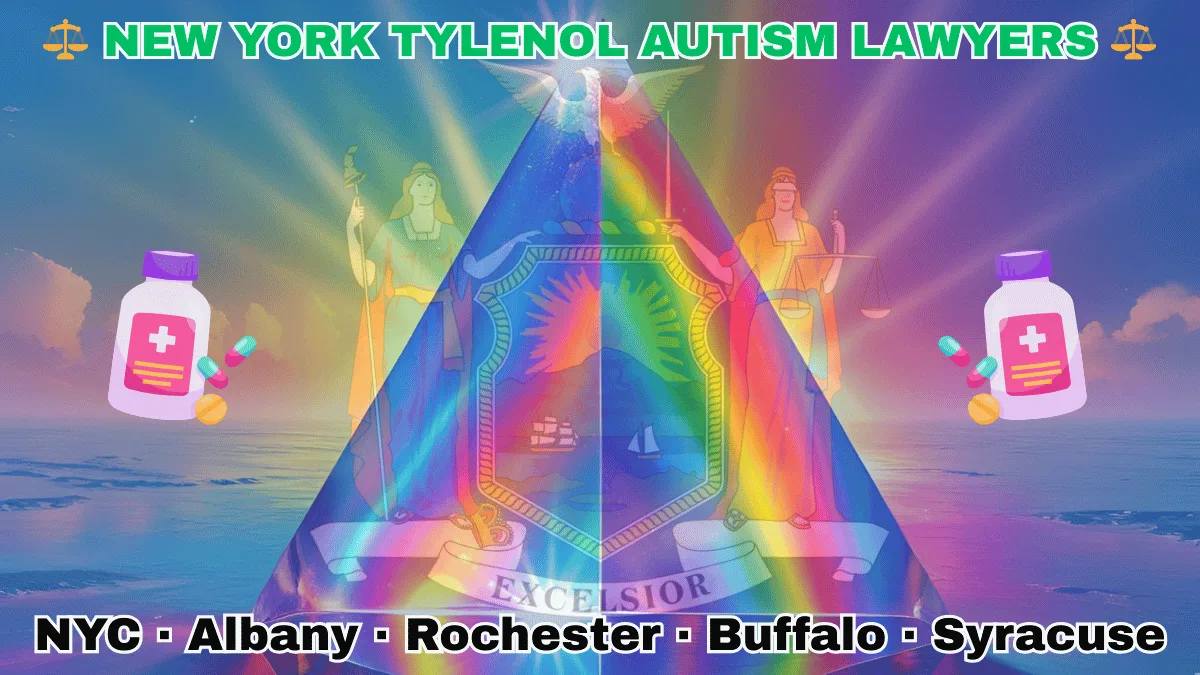 NEW YORK TYLENOL AUTISM LAWYERS: NYC, Albany, Rochester, Buffalo, and Syracuse text on NY state flag adorned with the multi-color Autism spectrum and painkillers depicted near Liberty and Justice holding a sword and scales, an eagle atop a globe, and a shield featuring the sun shining over the mountains onto Hudson River boaters.
