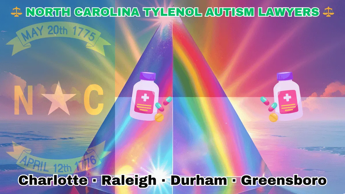 NORTH CAROLINA TYLENOL AUTISM LAWYERS: Charlotte, Raleigh, Durham, and Greensboro text on NC state flag adorned with the multi-color Autism spectrum and painkillers depicted near a star along blue, red and white color blocks.
