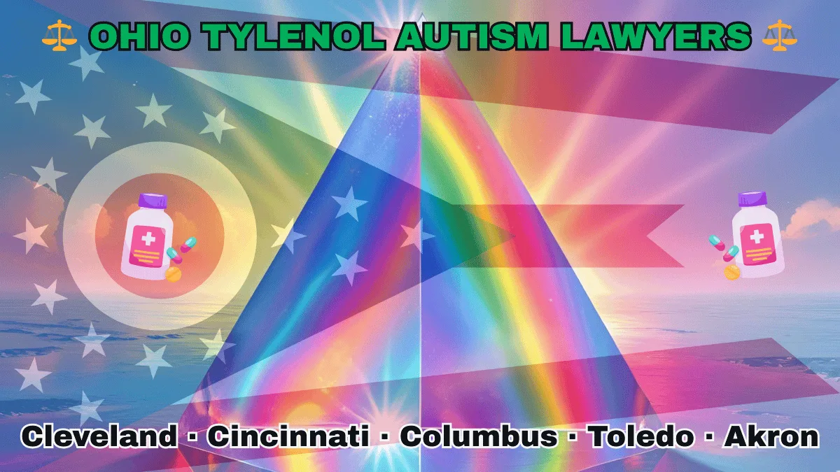 OHIO TYLENOL AUTISM LAWYERS: Cleveland, Cincinnati, Columbus, Toledo, and Akron text on OH state flag adorned with the multi-color Autism spectrum and painkillers depicted near a triangular swallowtail with red, white, and blue stripes and stars.