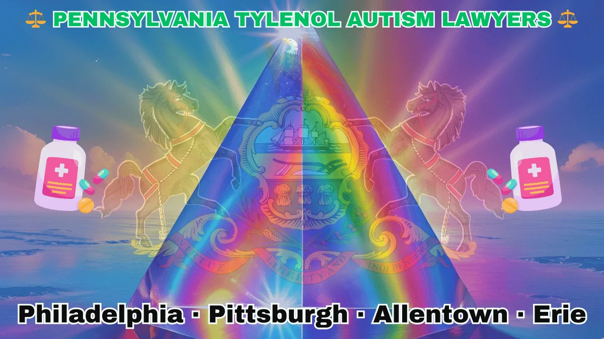 PENNSYLVANIA TYLENOL AUTISM LAWYERS: Philadelphia, Pittsburgh, Allentown, and Erie text on PA state flag adorned with the multi-color Autism spectrum and painkillers depicted near horses and an eagle flanking a shield featuring a ship, plow, and sheaves of wheat.