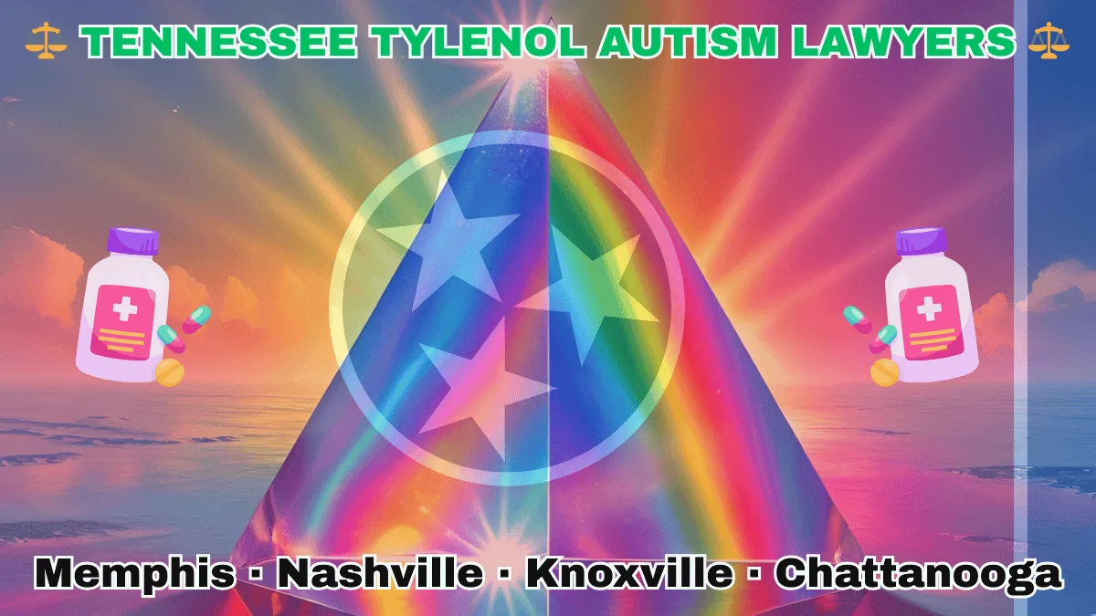 TENNESSEE TYLENOL AUTISM LAWYERS: Memphis, Nashville, Knoxville, and Chattanooga text on TN state flag adorned with the multi-color Autism spectrum and painkillers depicted on a red background near three white stars on a blue circle and vertical blue stripe.