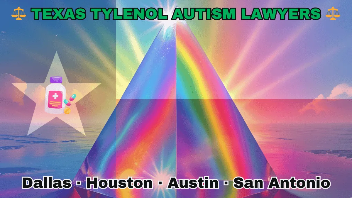 TEXAS TYLENOL AUTISM LAWYERS: Dallas, Houston, Austin, and San Antonio text on TX state flag adorned with the multi-color Autism spectrum and painkillers depicted on a Lone Star near blue, red and white color blocks.
