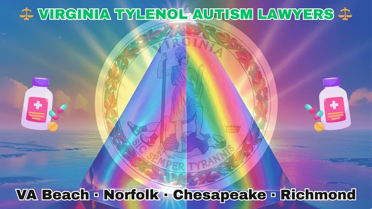 VIRGINIA TYLENOL AUTISM LAWYERS: VA Beach, Norfolk, Chesapeake, and Richmond text on VA state flag adorned with the multi-color Autism spectrum and painkillers depicted near Virtus defeating Tyranny with a spear and sword.
