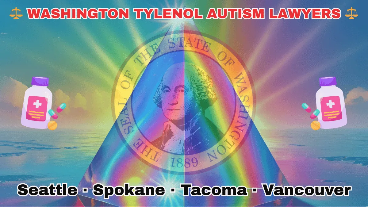 WASHINGTON TYLENOL AUTISM LAWYERS: Seattle, Spokane, Tacoma, and Vancouver text on WA state flag adorned with the multi-color Autism spectrum and painkillers depicted on a green background near the official SEAL featuring George Washington.