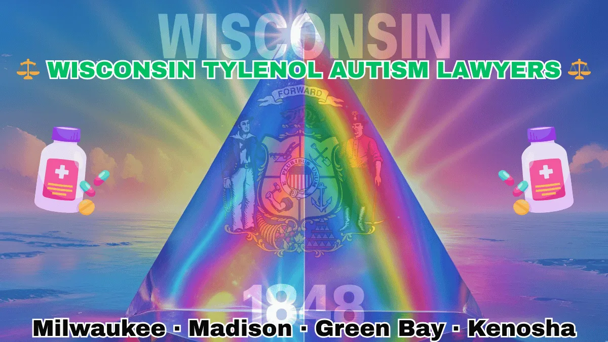 WISCONSIN TYLENOL AUTISM LAWYERS: Milwaukee, Madison, Green Bay, and Kenosha text on WI state flag adorned with the multi-color Autism spectrum and painkillers depicted near a sailor and miner flanking a shield featuring agriculture, mining, manufacturing, and navigation, a badger above, and a cornucopia and lead ingot.