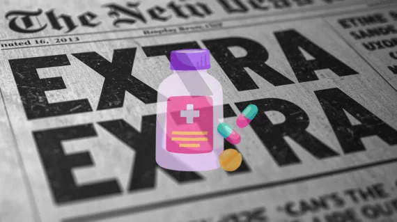 Tylenol bottle and painkillers depicted on newspaper print reading "EXTRA EXTRA"