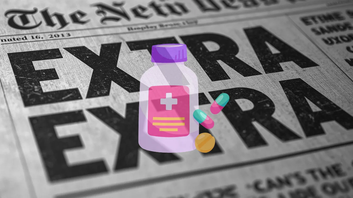 Tylenol bottle and painkillers depicted on newspaper print reading "EXTRA EXTRA"
