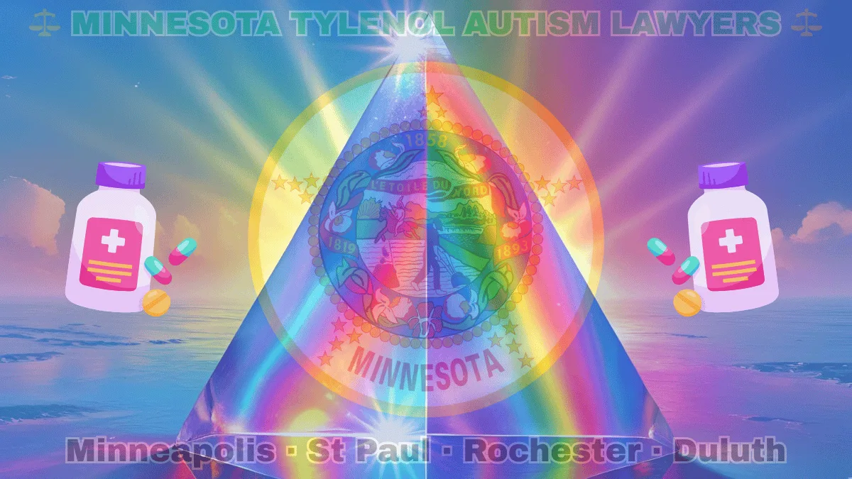 MINNESOTA TYLENOL AUTISM LAWYERS: Minneapolis, St Paul, Rochester, and Duluth text on MN state flag adorned with the multi-color Autism spectrum and painkillers depicted on blue background near the official seal featuring a wreath of pink-and-white lady’s slippers